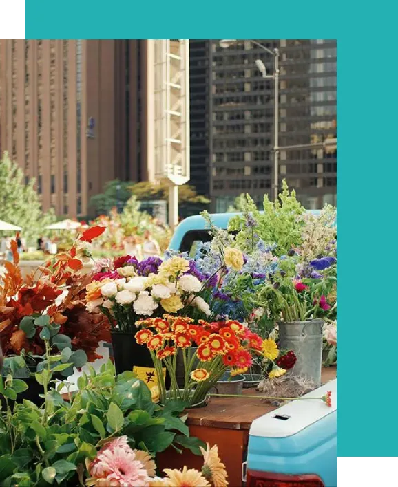 A table with many flowers on it